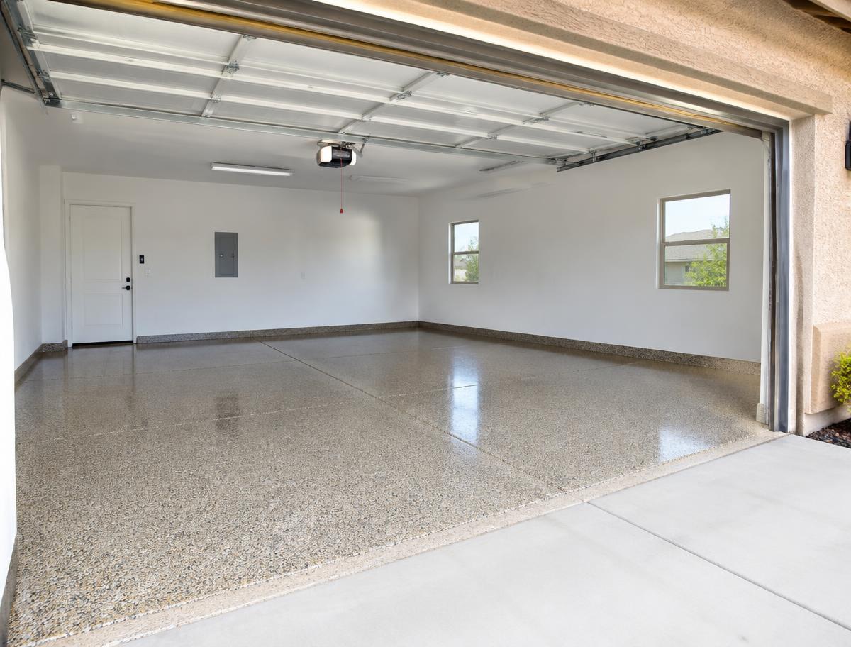 Two-car garage with tan flake epoxy floor